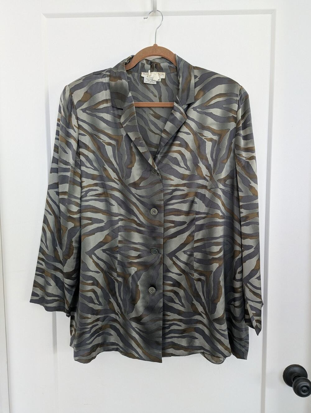 Vtg 80s 90s Maggy London Woman 18 Plus 100% Silk Tiger Zibra Animal Print Sage